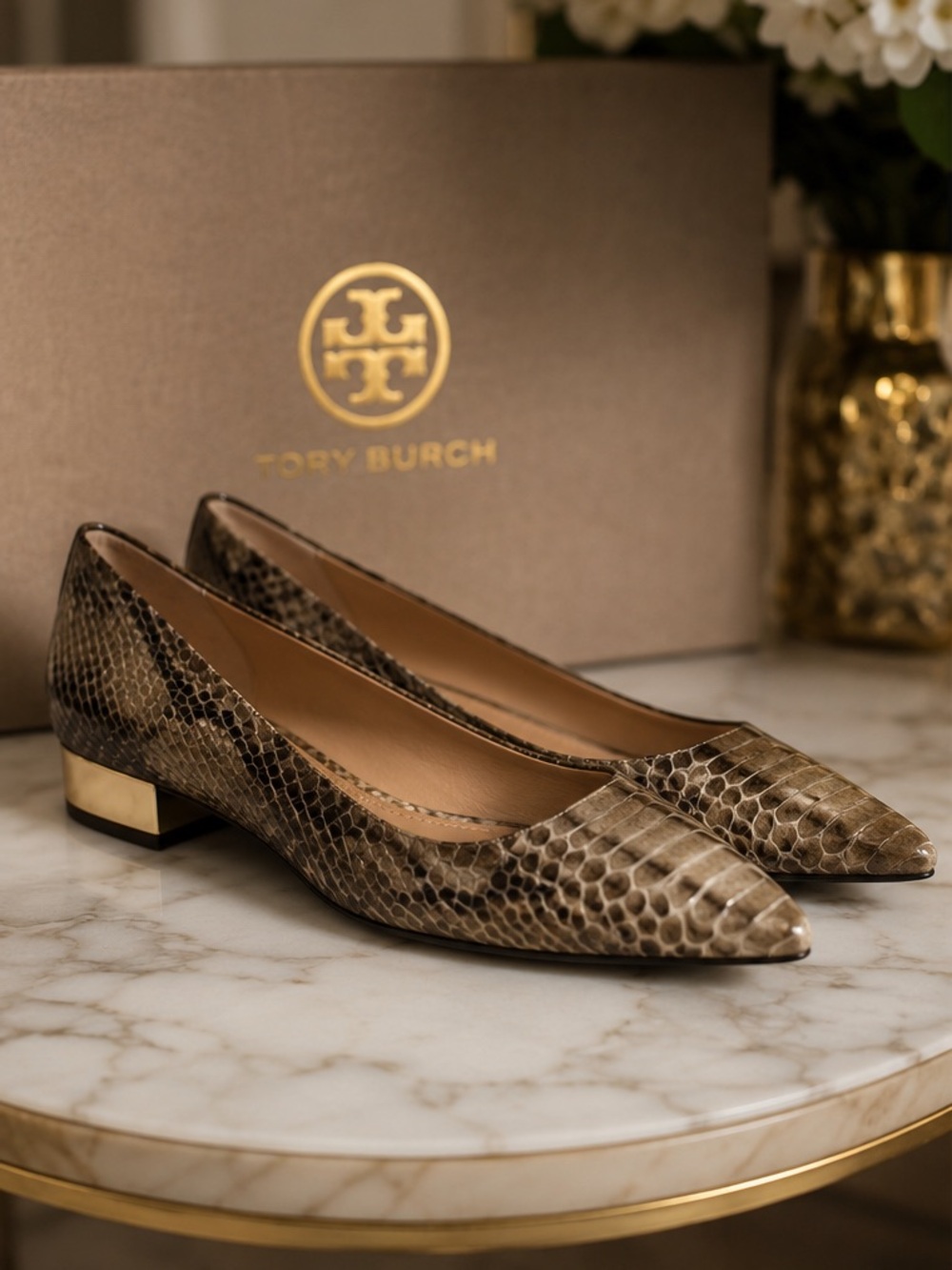 Tory Burch Snake-Print Pointed Toe Flats in Brown and Tan